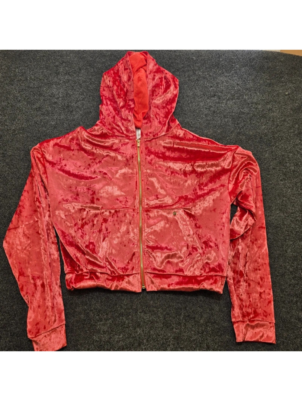 Fabletics M Rose Pink Crushed Velvet Cropped Full Zip Hoodie Velour Jacket Y2K